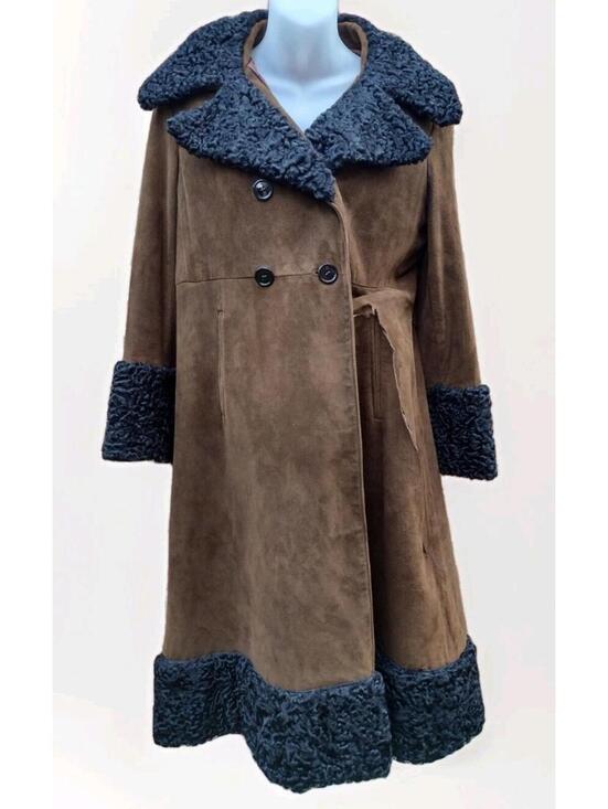 Jackets & Blazers - VTG 60s Anne Klein Mallory Penny Lane Suede Coat Curly Lamb Trim Boho Sz 10